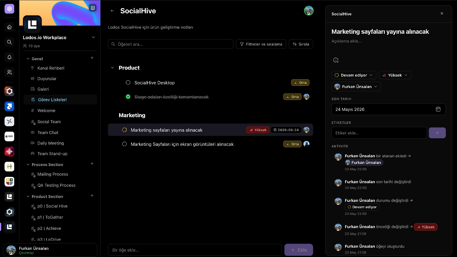 A Huddin channel checklist with a task side panel open